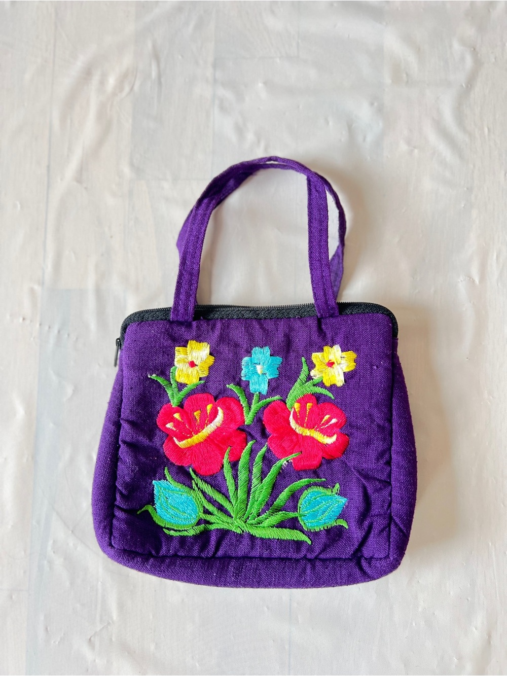 Guatemalan Floral Pouch Purple mini tote Bag Hand Embroidered